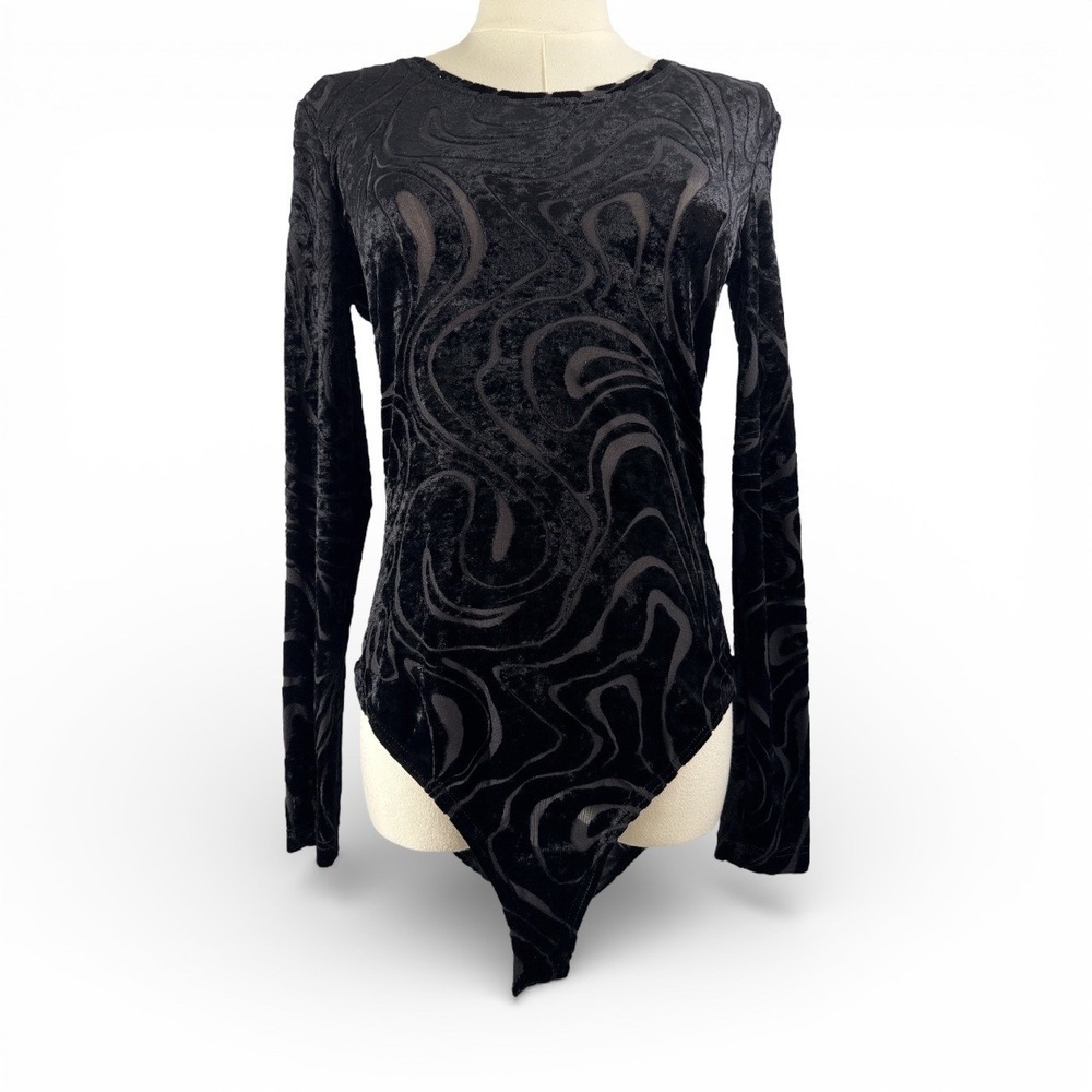 Vintage Etincelle Paris Black Velvety Burnout Jacquard Long Sleeve Bodysuit EUC